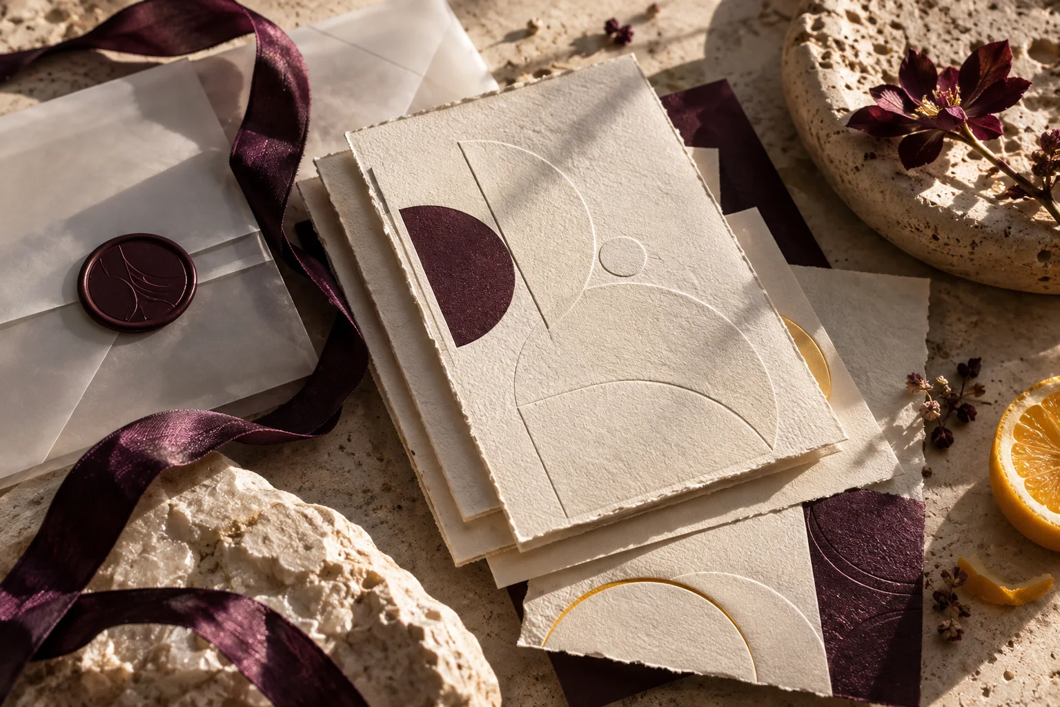 Conceptual cotton stationery, vellum and plum ribbon